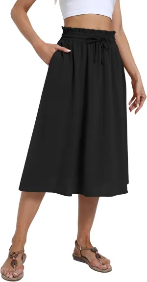 Yincro Women's Summer High Waisted Midi Skirt Elastic Waistband A-Line Skirt with Pockets