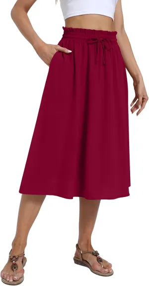 Yincro Women's Summer High Waisted Midi Skirt Elastic Waistband A-Line Skirt with Pockets