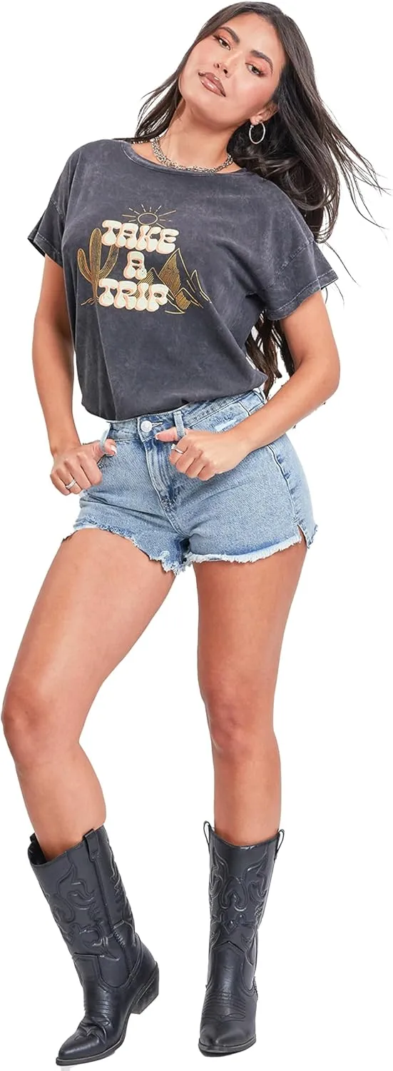 YMI Women's Dream High Rise Shorts with Frayed Hem