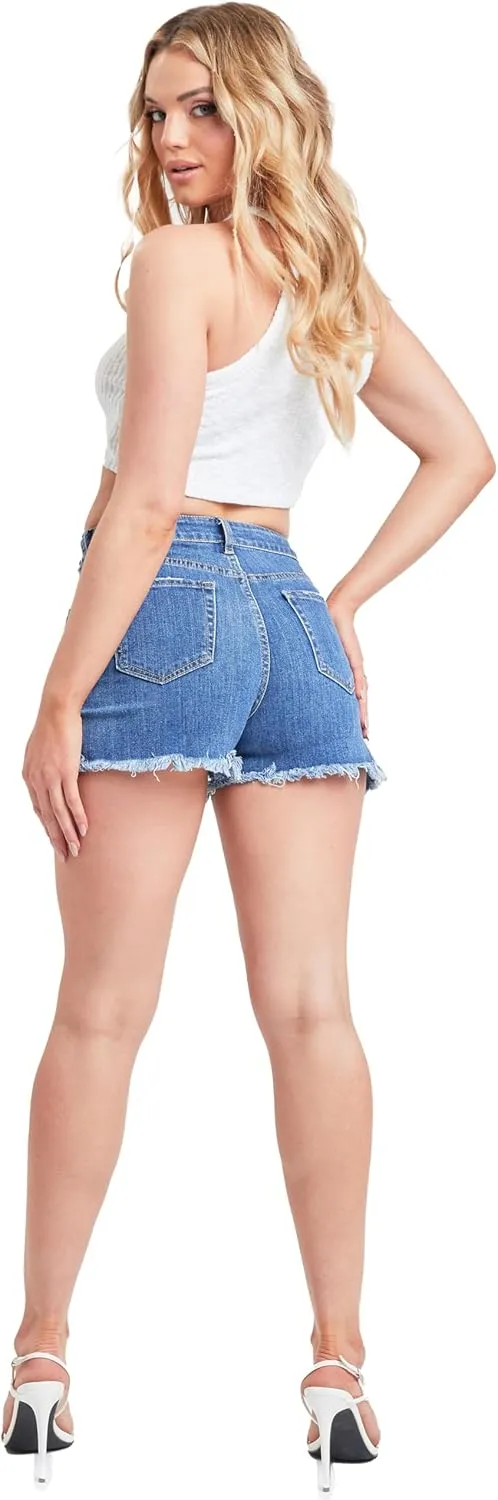 YMI Women's Dream High Rise Shorts with Frayed Hem