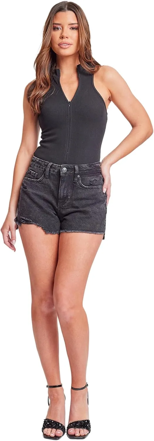 YMI Women's Dream High Rise Shorts with Frayed Hem