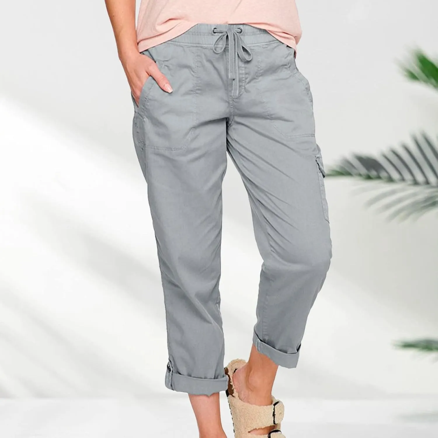 Yoga Dress Pants for Women Casual Work Business Pants Elastic Waist Plaid Pants Solid Color Travel Trousers