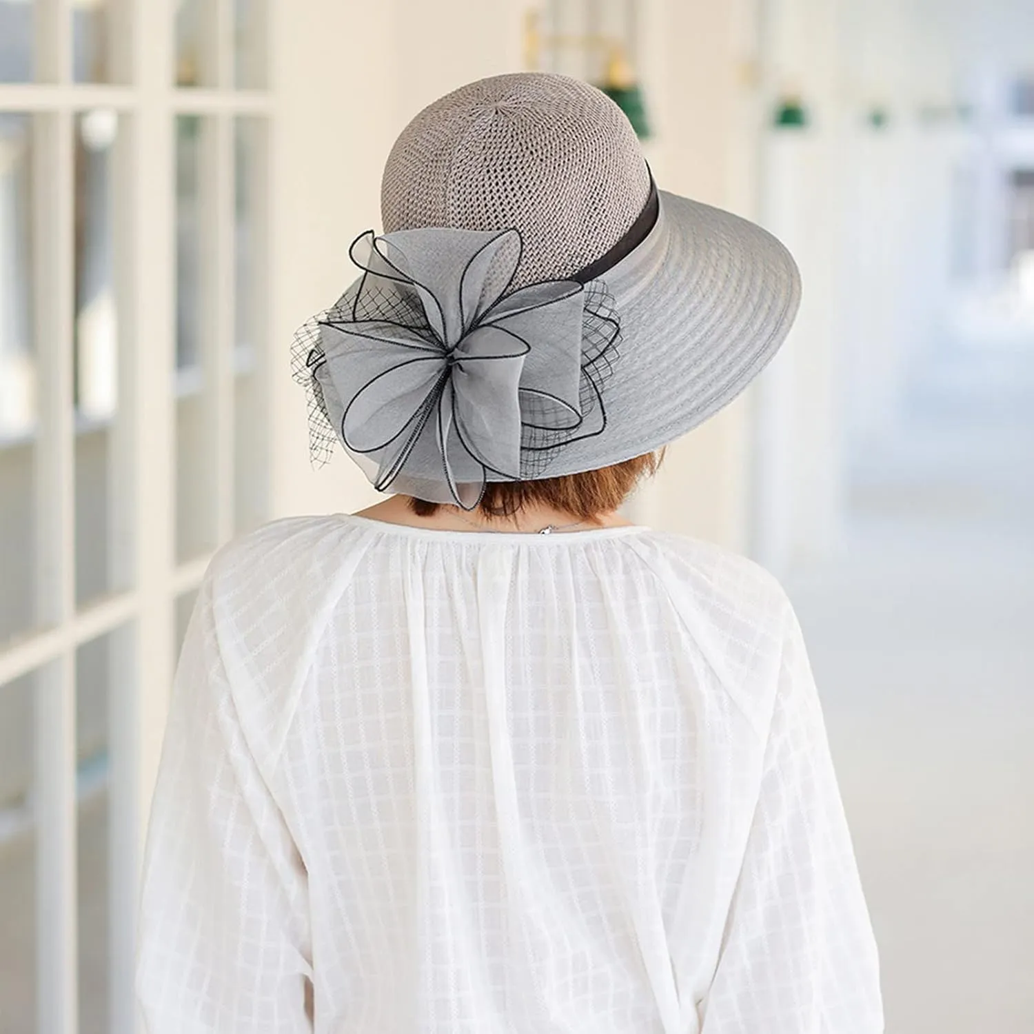 YOLAI Wide Brim Hat for Women Lady Tea Party Fascinators Cap Church Wedding Cap with Bow
