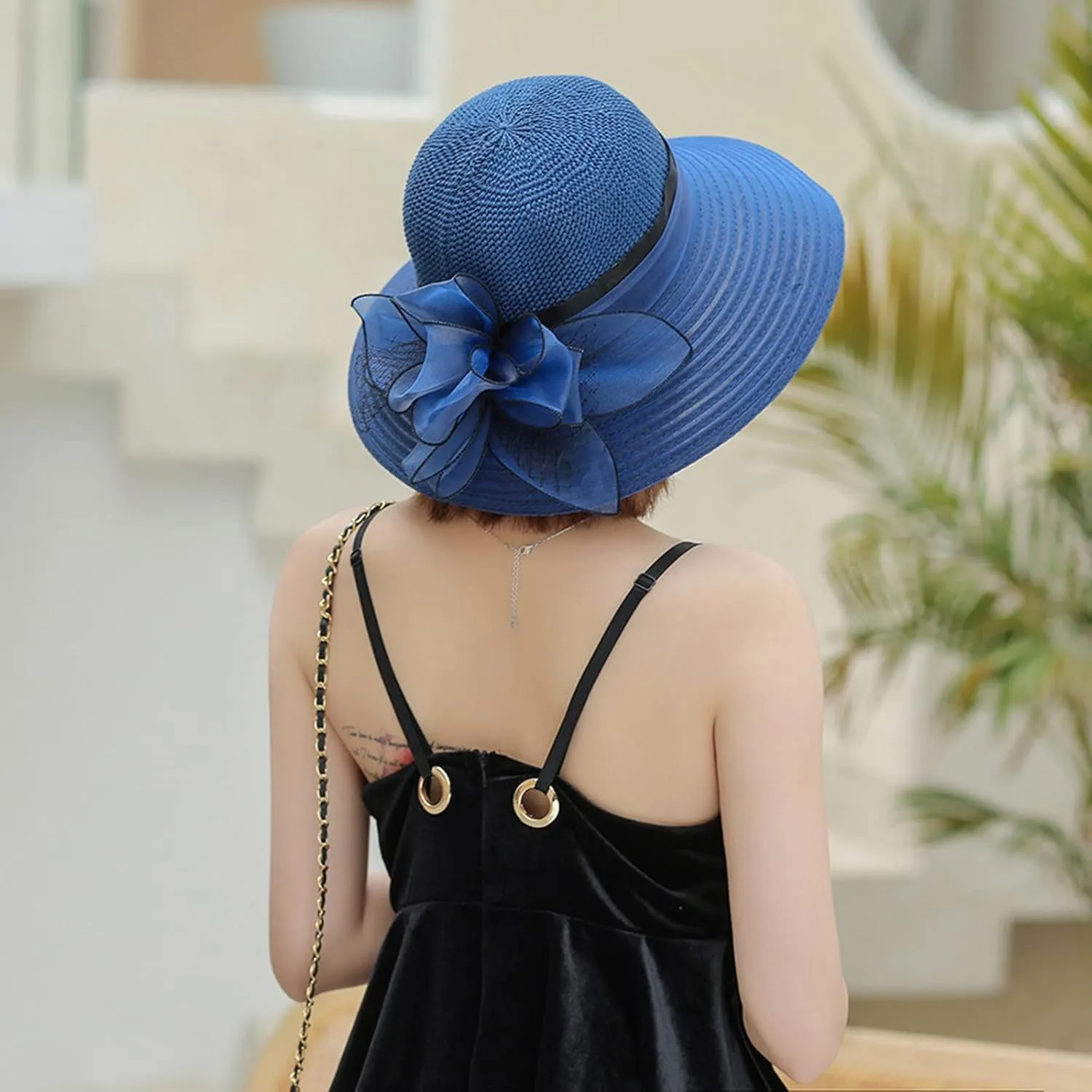YOLAI Wide Brim Hat for Women Lady Tea Party Fascinators Cap Church Wedding Cap with Bow
