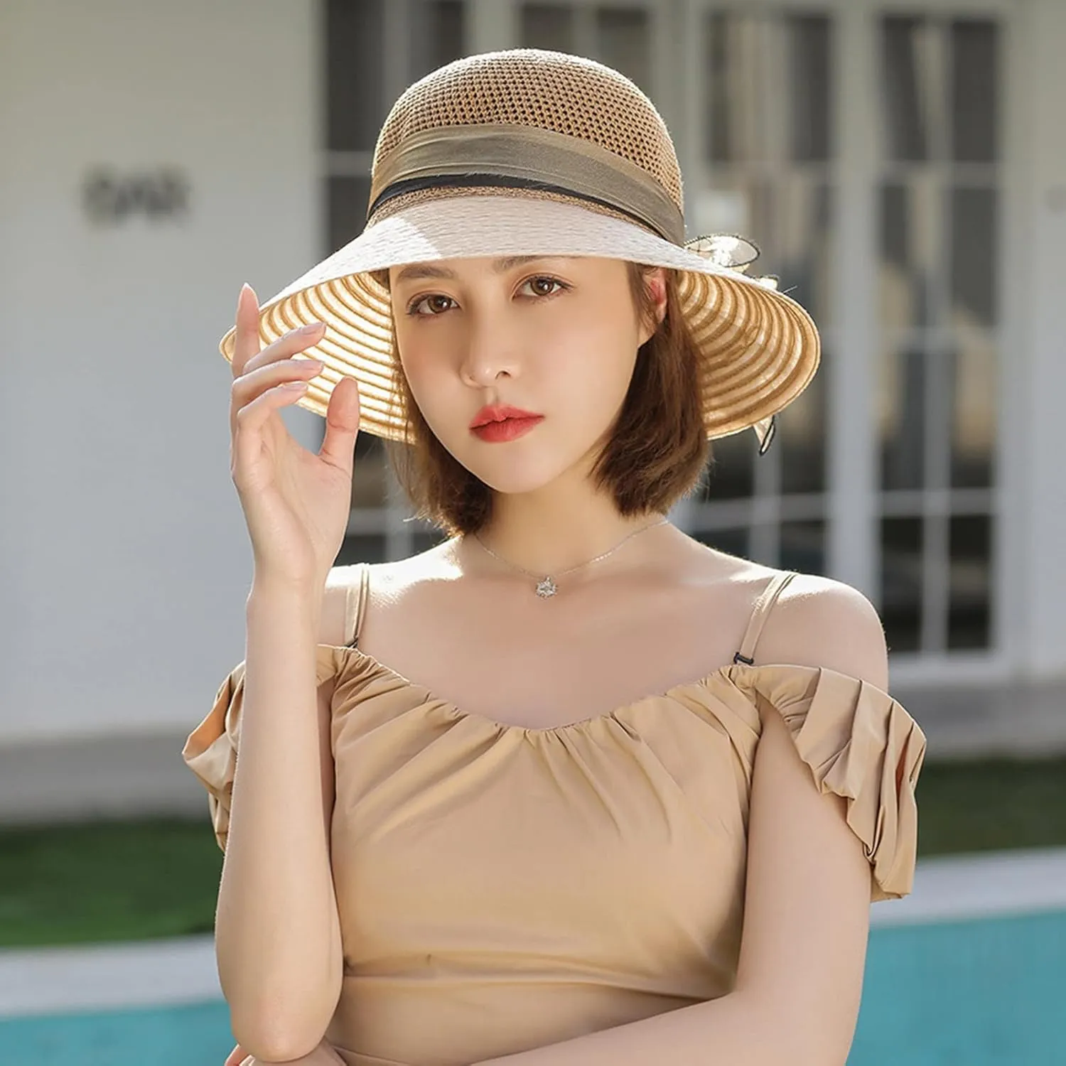 YOLAI Wide Brim Hat for Women Lady Tea Party Fascinators Cap Church Wedding Cap with Bow