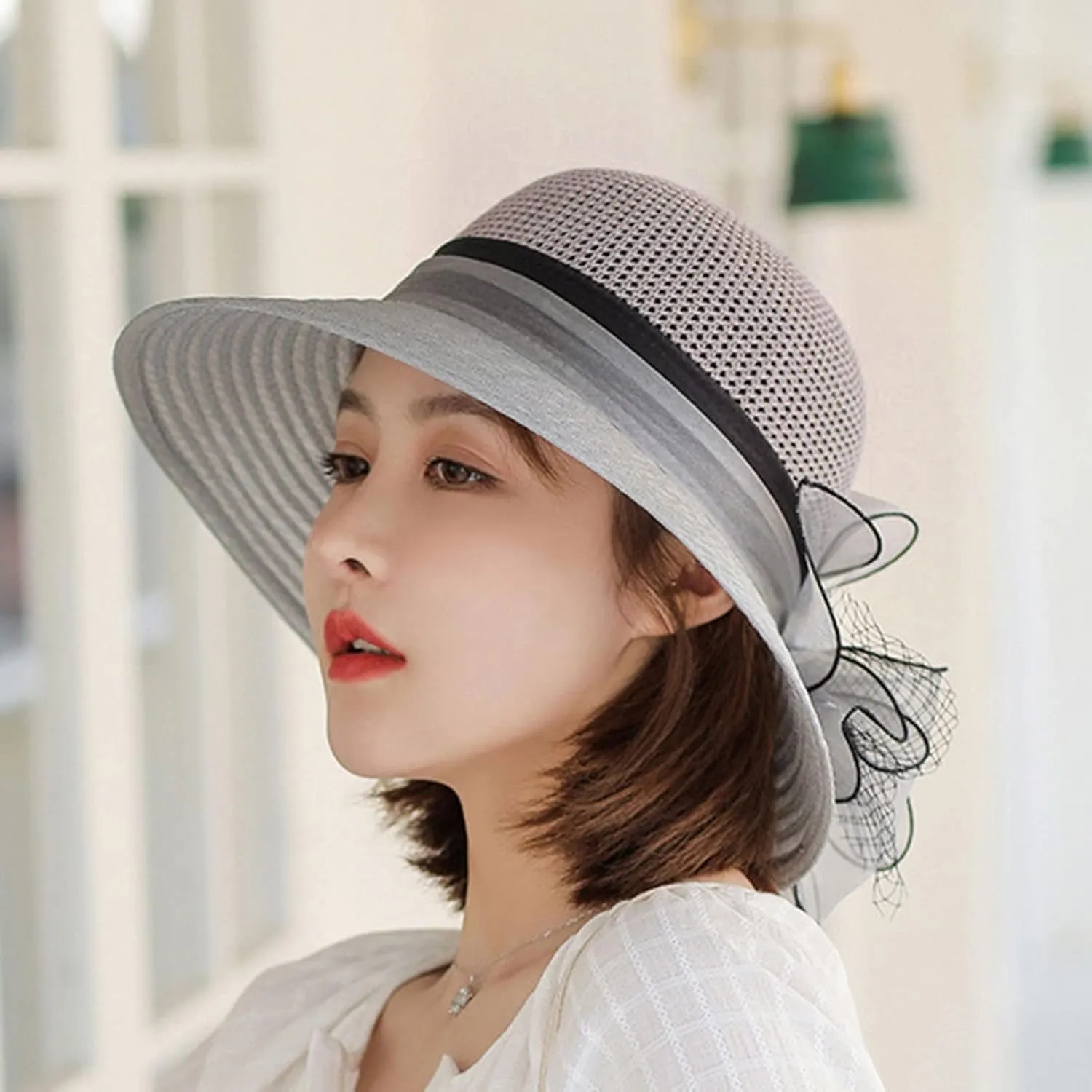 YOLAI Wide Brim Hat for Women Lady Tea Party Fascinators Cap Church Wedding Cap with Bow