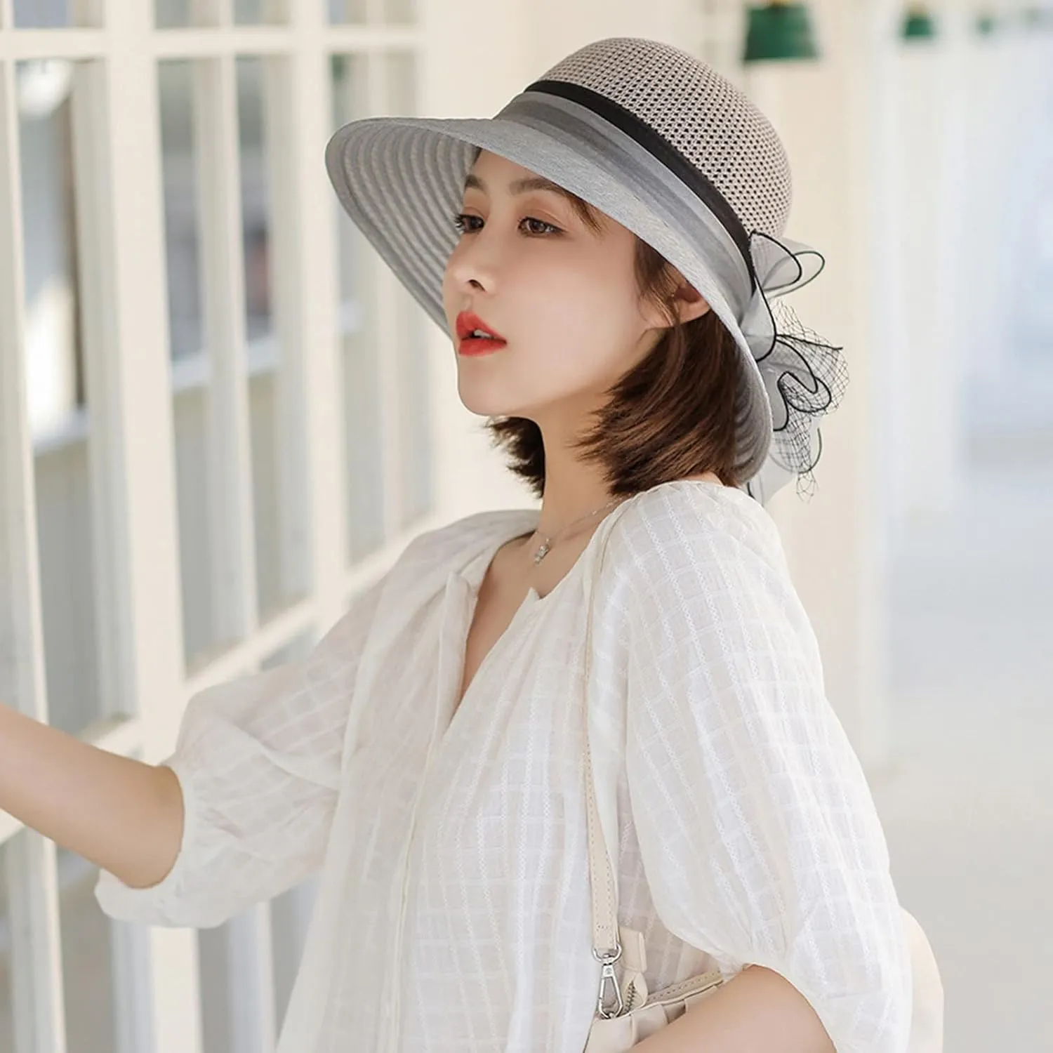 YOLAI Wide Brim Hat for Women Lady Tea Party Fascinators Cap Church Wedding Cap with Bow