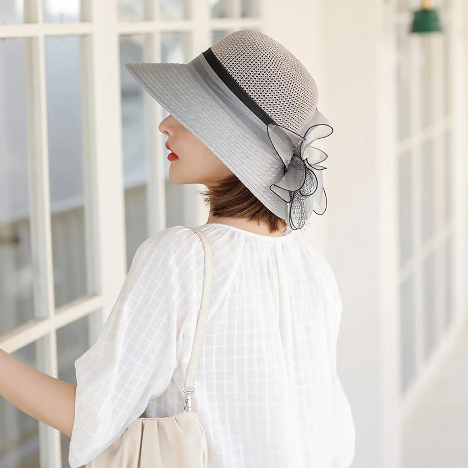 YOLAI Wide Brim Hat for Women Lady Tea Party Fascinators Cap Church Wedding Cap with Bow