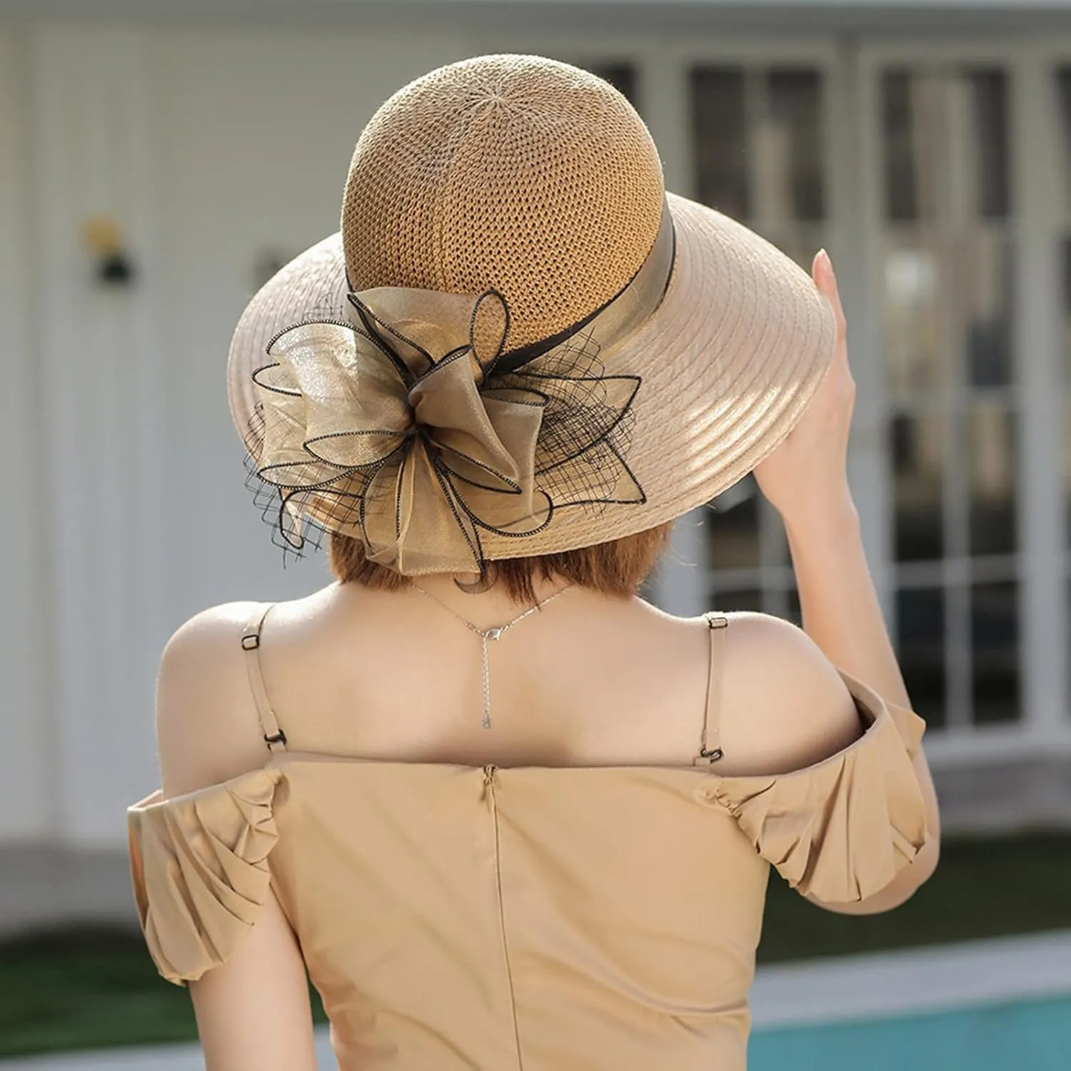 YOLAI Wide Brim Hat for Women Lady Tea Party Fascinators Cap Church Wedding Cap with Bow