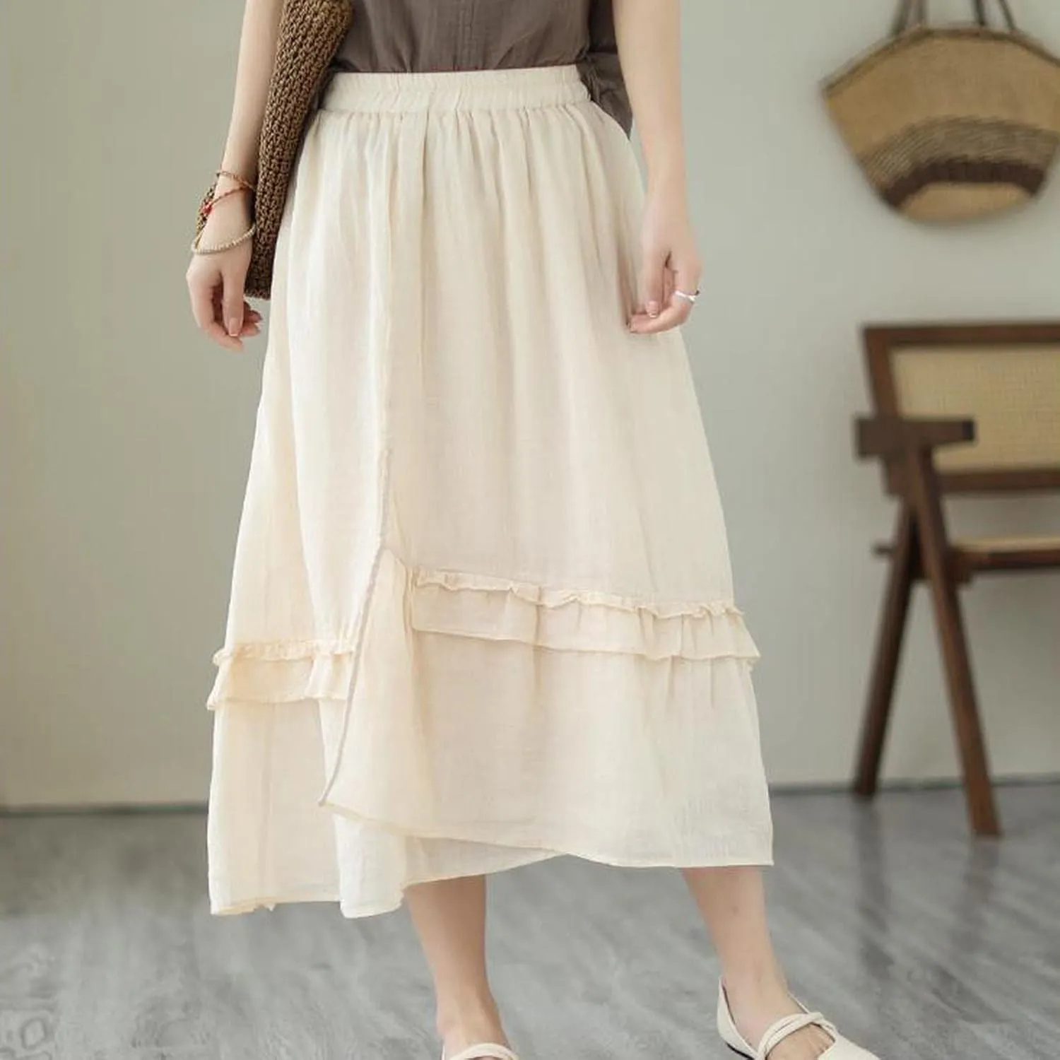 YOLAI Women Cotton Linen Half Skirt Elastic Waist A Line Skirt Irregular Hem Bohemian Beach Dress