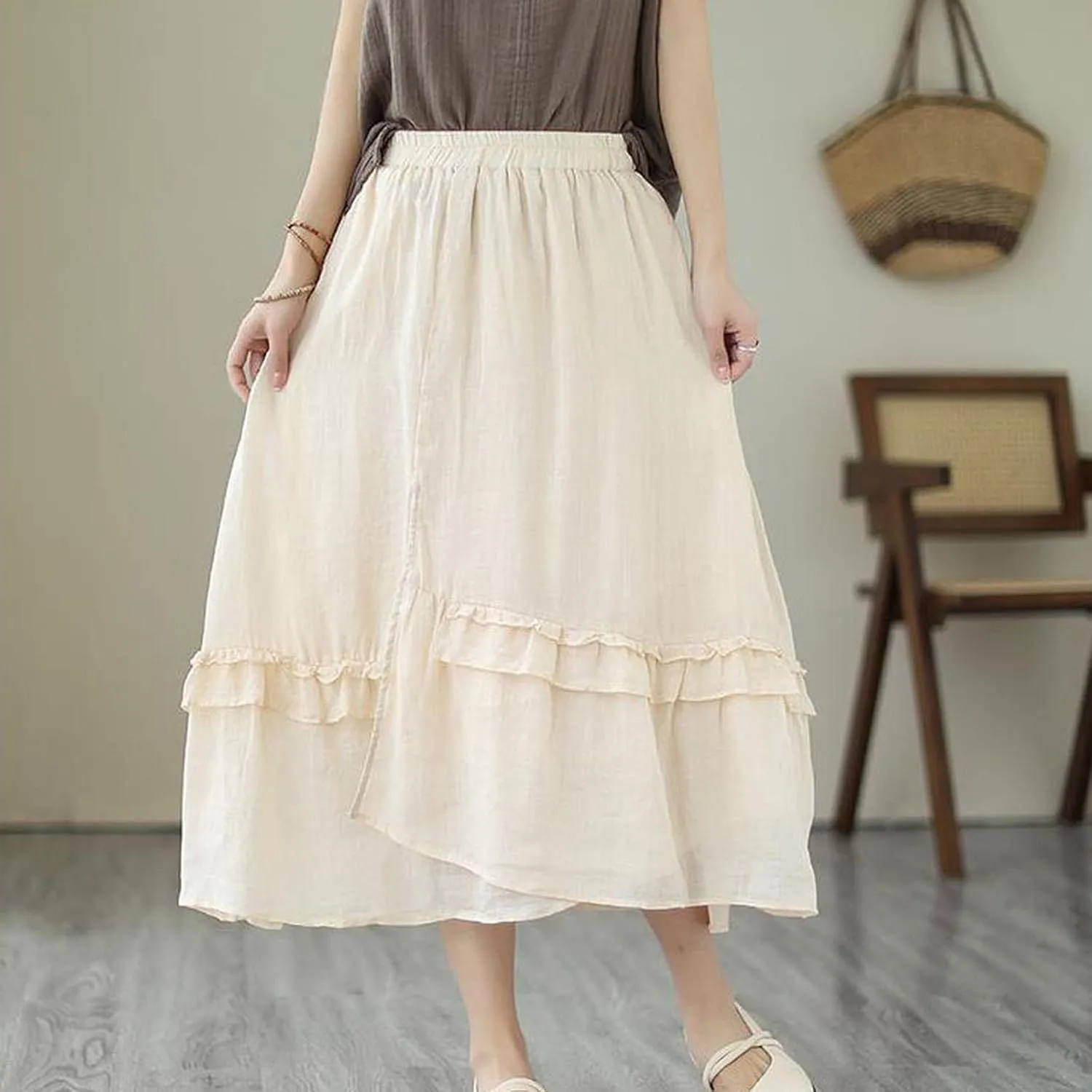 YOLAI Women Cotton Linen Half Skirt Elastic Waist A Line Skirt Irregular Hem Bohemian Beach Dress