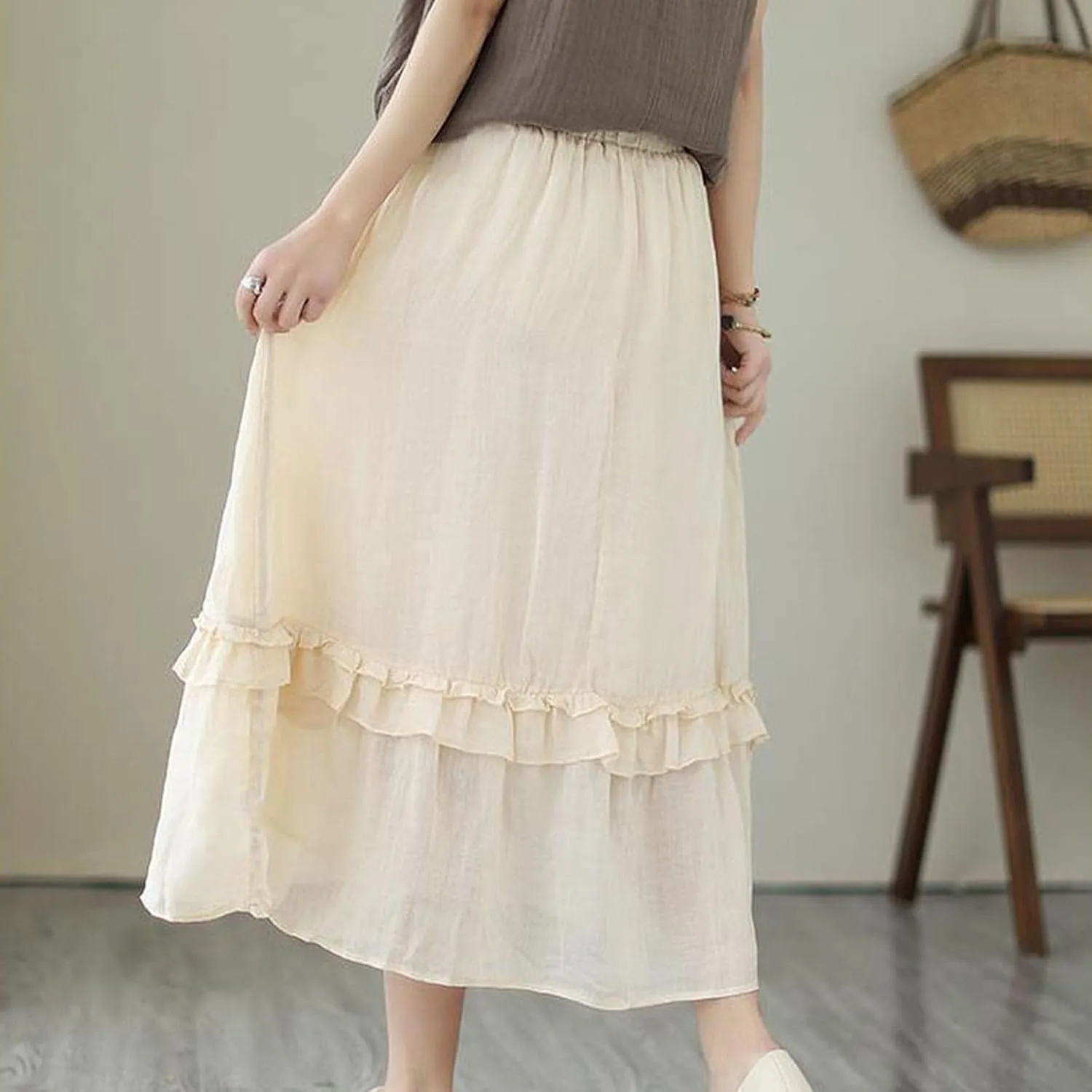 YOLAI Women Cotton Linen Half Skirt Elastic Waist A Line Skirt Irregular Hem Bohemian Beach Dress