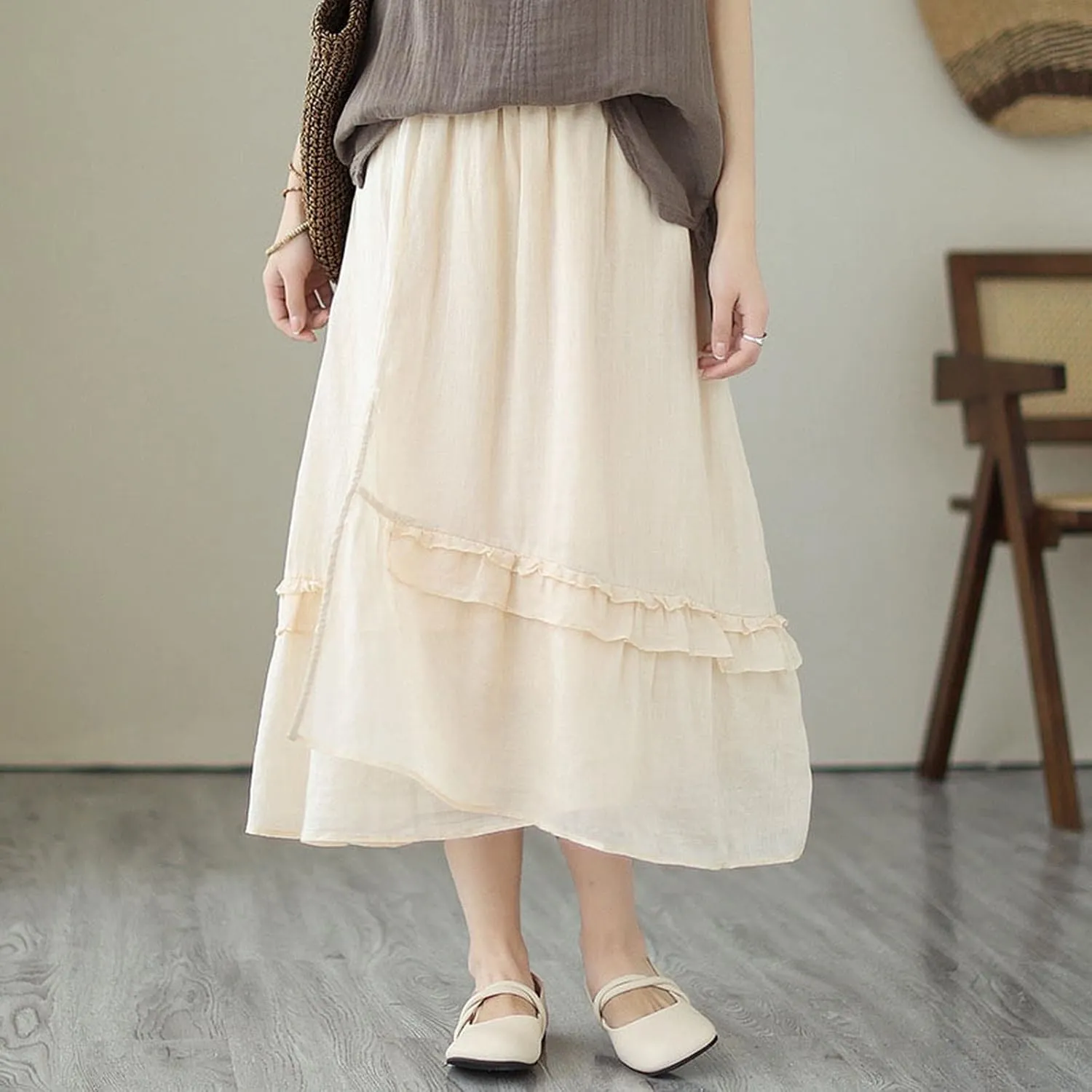 YOLAI Women Cotton Linen Half Skirt Elastic Waist A Line Skirt Irregular Hem Bohemian Beach Dress