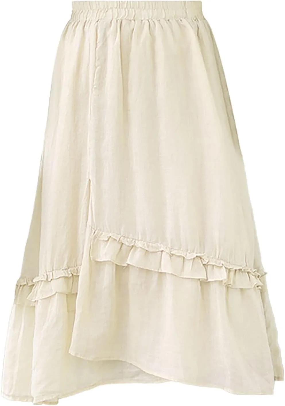 YOLAI Women Cotton Linen Half Skirt Elastic Waist A Line Skirt Irregular Hem Bohemian Beach Dress