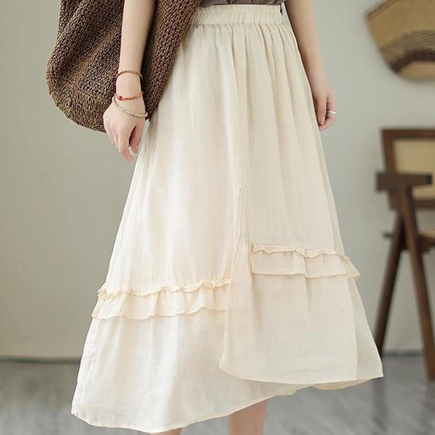 YOLAI Women Cotton Linen Half Skirt Elastic Waist A Line Skirt Irregular Hem Bohemian Beach Dress