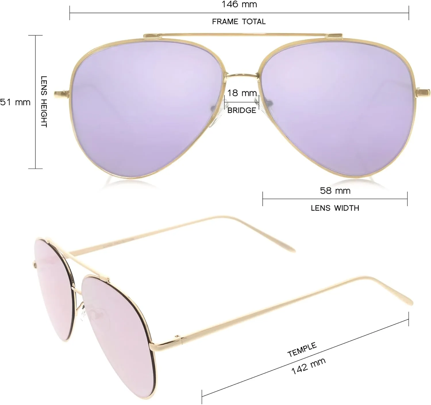 zeroUV Mirrored Oversized Aviator Sunglasses for Women with Flat Mirror Lens 58mm